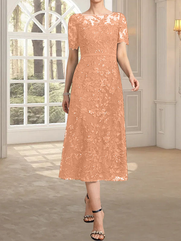Vestido de madre de la novia de encaje con lentejuelas, corte A, escote ilusión y largo hasta la rodilla
