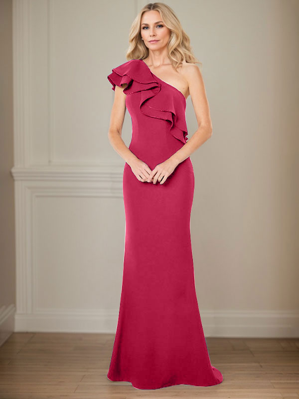 A-Linie One-Shoulder-Bodenlanges Chiffon-Kleid für die Brautmutter mit Rüschen 
