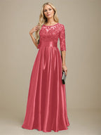 Vestido de madre de la novia de satén elástico con encaje, corte A, escote ilusión, largo hasta el suelo, con lazo y lentejuelas