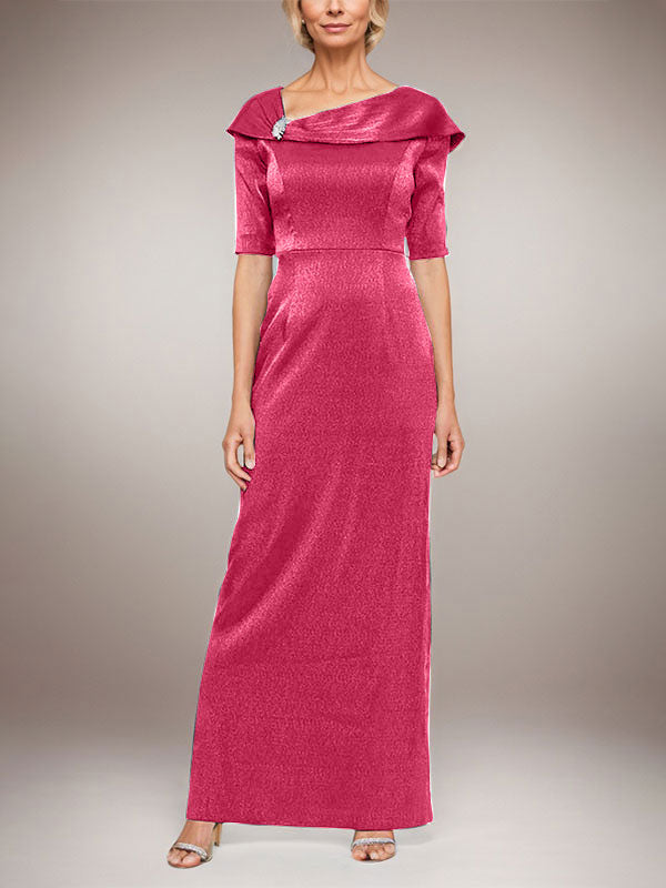 Vestido largo de columna brillante con puños doblados, escote en L y mangas hasta el codo