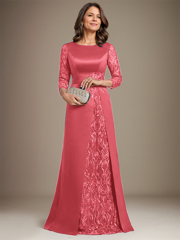 Vestido de madre de la novia de satén con encaje, corte A, largo hasta el suelo y apliques
