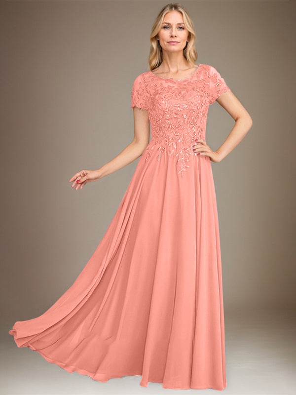 Vestido de gasa para madre de la novia, corte A, largo hasta el suelo, con apliques y lentejuelas