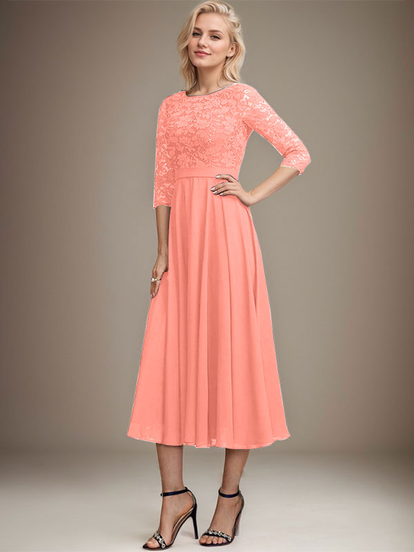 Vestido de gasa con encaje y lentejuelas para madre de la novia, corte A, escote redondo y largo hasta la rodilla