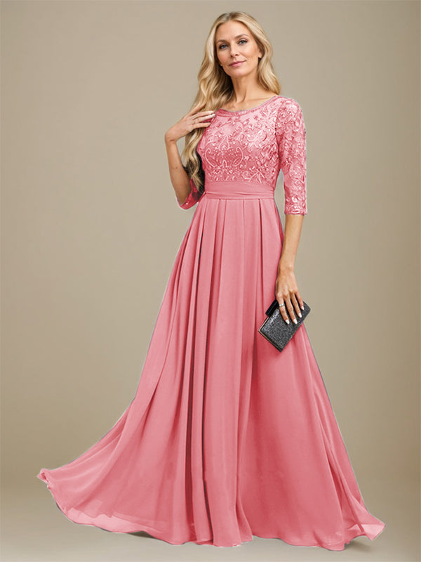 Vestido de madre de la novia de gasa con encaje, corte A, largo hasta el suelo y apliques de lentejuelas