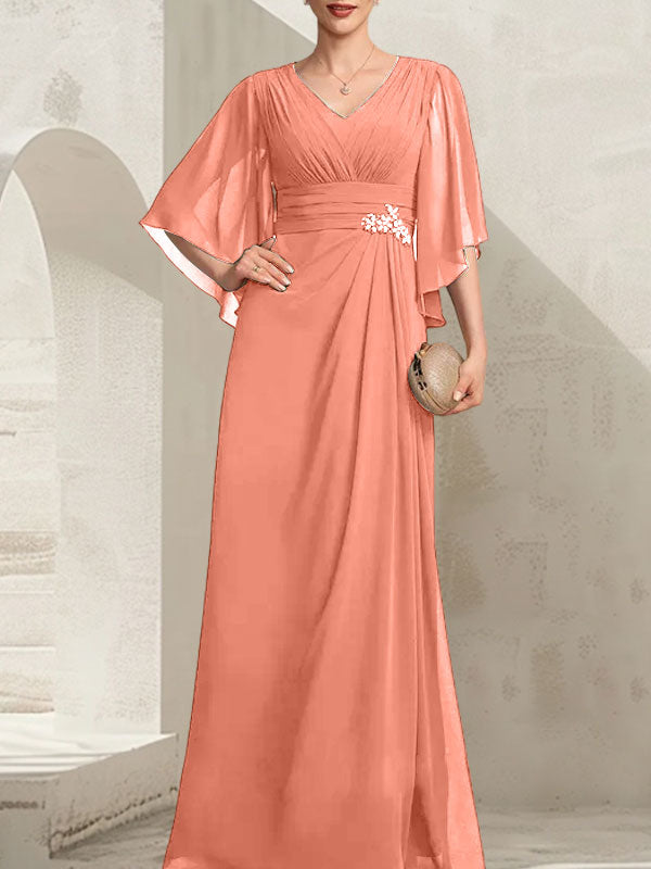 Etui-Linie/Säule V-Ausschnitt Bodenlang Chiffon Kleid für die Brautmutter mit Plissee Pailletten Perlenbesatz