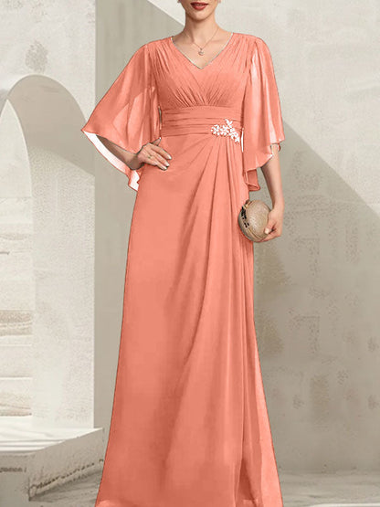 Etui-Linie/Säule V-Ausschnitt Bodenlang Chiffon Kleid für die Brautmutter mit Plissee Pailletten Perlenbesatz