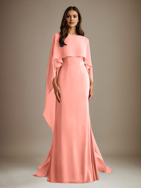 Vestido de gasa para madre de la novia, largo hasta el suelo, con escote barco y corte tubo/columna y volantes en cascada