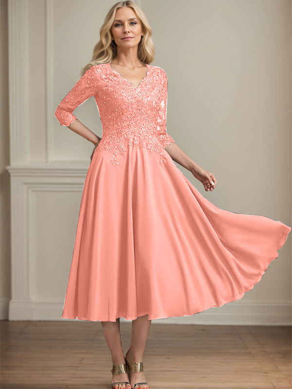 A-Linie V-Ausschnitt Wadenlanges Chiffon-Spitzenkleid für die Brautmutter mit Perlen und Pailletten 