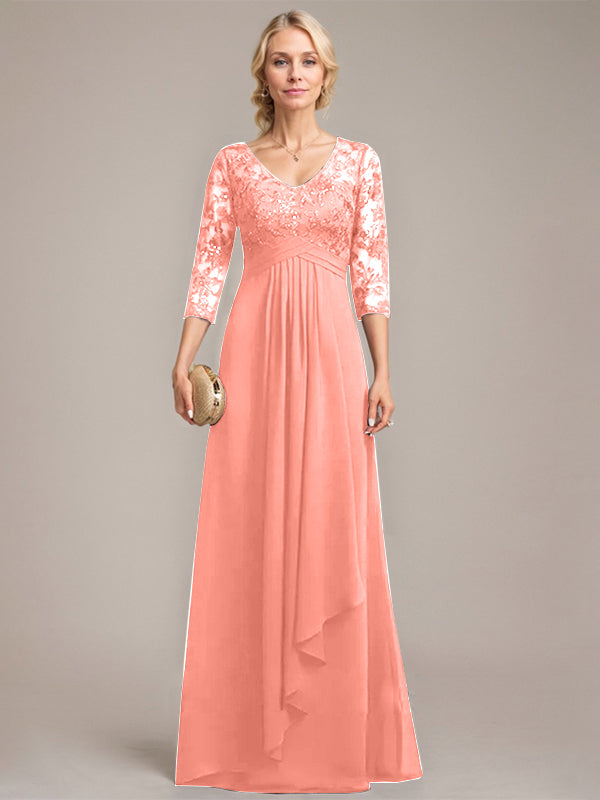 A-Linie V-Ausschnitt Bodenlanges Spitzen-Chiffon-Kleid für die Brautmutter mit kaskadierenden Rüschen und Pailletten 