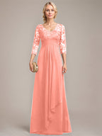 A-Linie V-Ausschnitt Bodenlanges Spitzen-Chiffon-Kleid für die Brautmutter mit kaskadierenden Rüschen und Pailletten 