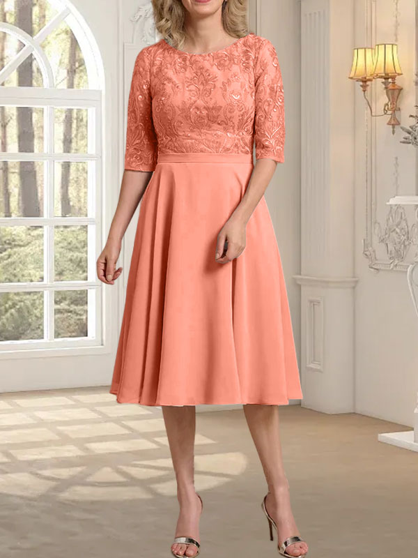 Vestido de gasa con encaje y escote redondo hasta la rodilla para madre de la novia