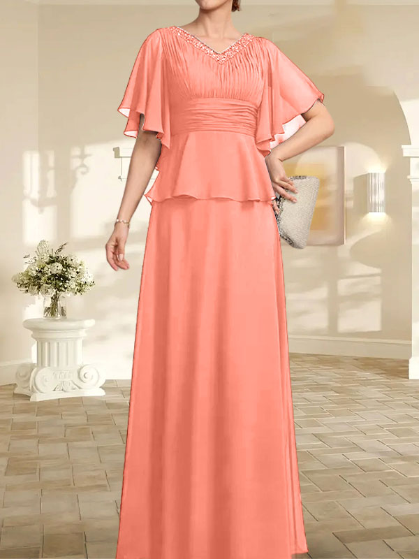 A-Linien-Kleid aus Chiffon mit V-Ausschnitt und bodenlangem Schnitt für die Brautmutter mit plissierten Perlen