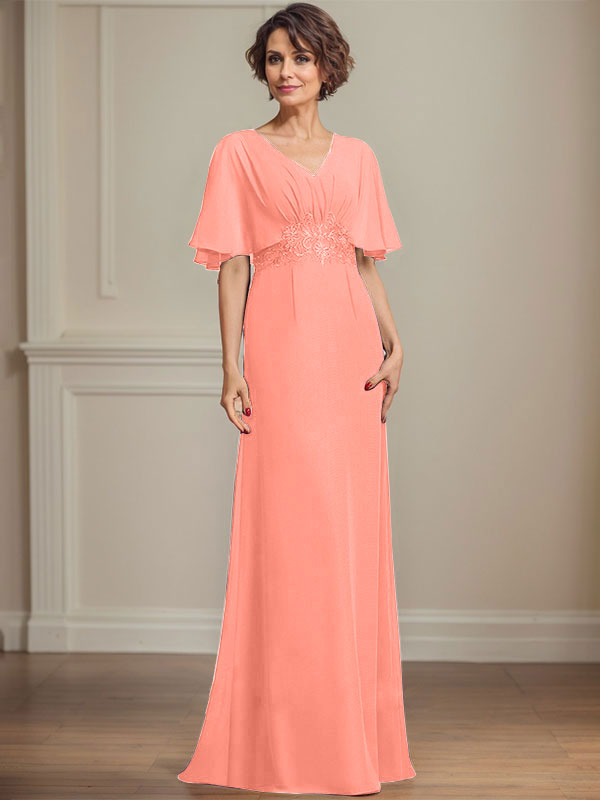 A-Linie V-Ausschnitt Bodenlanges Chiffonkleid für die Brautmutter mit plissierten Paillettenapplikationen Spitze