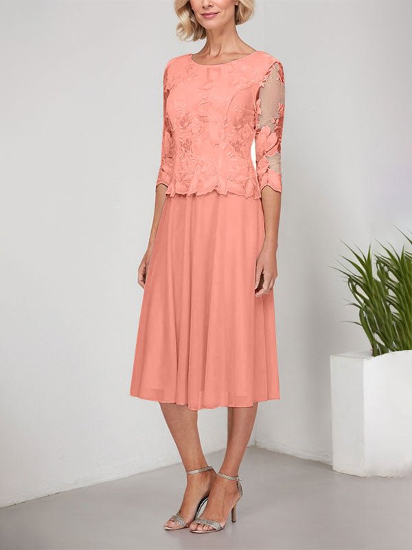 Vestido de gasa con encaje y bordado para madre de la novia, corte A, escote redondo y largo hasta la rodilla