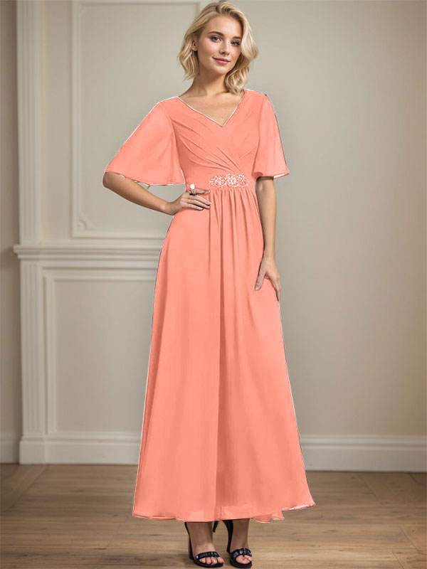 Vestido de gasa para madre de la novia con escote en V, largo hasta los tobillos, corte A y lentejuelas plisadas con cuentas