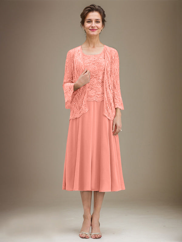 Vestido de gasa con encaje y lentejuelas para madre de la novia, corte A, escote redondo y largo hasta la rodilla