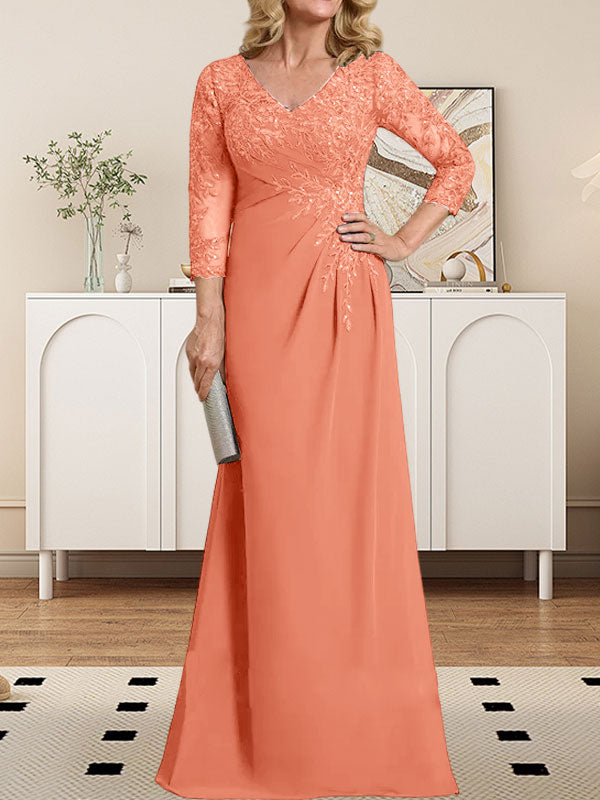 Vestido de madre de la novia de gasa con encaje, escote en V, ilusión, largo hasta el suelo, con lentejuelas plisadas