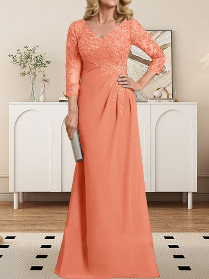 Etui-/Säulen-Kleid mit V-Ausschnitt, bodenlangem Illusion-Spitzen-Chiffon und plissierten Pailletten 
