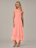 A-Linie, U-Boot-Ausschnitt, Illusion, asymmetrisches Chiffon-Spitzenkleid für die Brautmutter mit applizierten Falten 