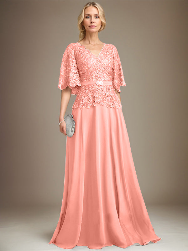 A-Linie V-Ausschnitt Bodenlanges Chiffon-Spitzenkleid für die Brautmutter mit Kristallbrosche und Strass 