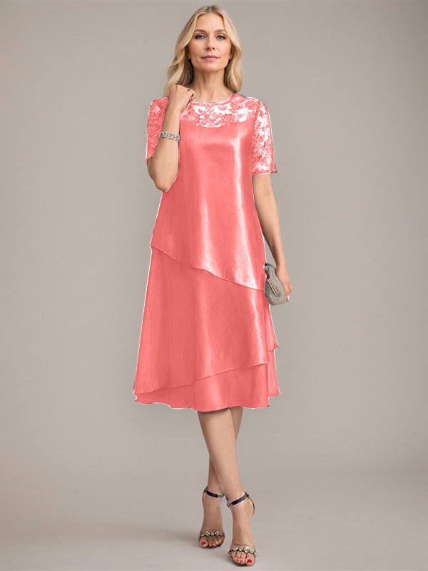 Vestido de madre de la novia con corte en A, escote redondo y largo hasta la rodilla, con apliques y lentejuelas