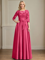 Vestido de madre de la novia de satén con encaje, corte A, escote ilusión, largo hasta el suelo, con lazo de lentejuelas
