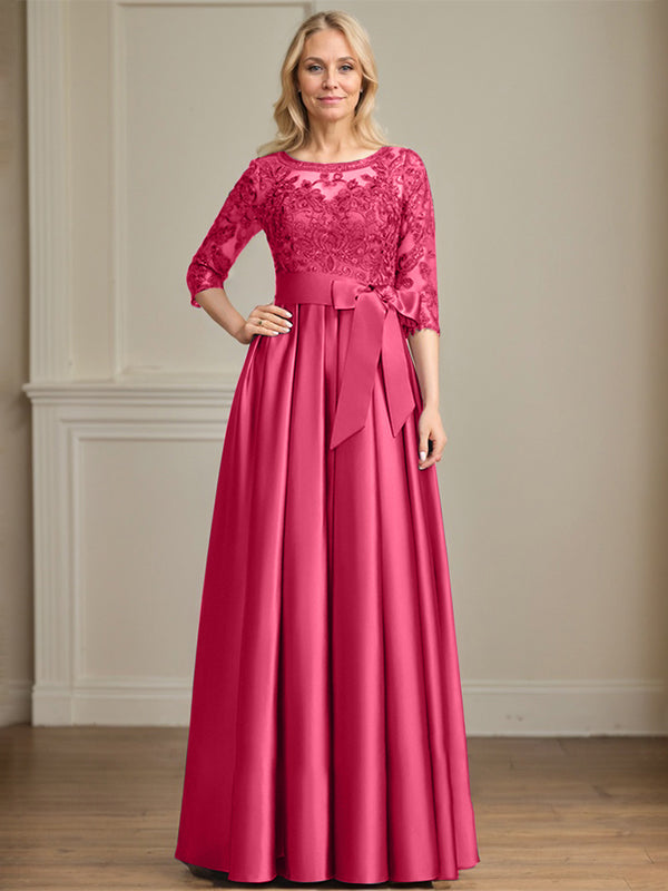 Vestido de madre de la novia de satén con encaje, corte A, escote ilusión, largo hasta el suelo, con lazo de lentejuelas