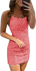 Vestidos de fiesta sin mangas con tirantes finos y encaje azul de columna corta 