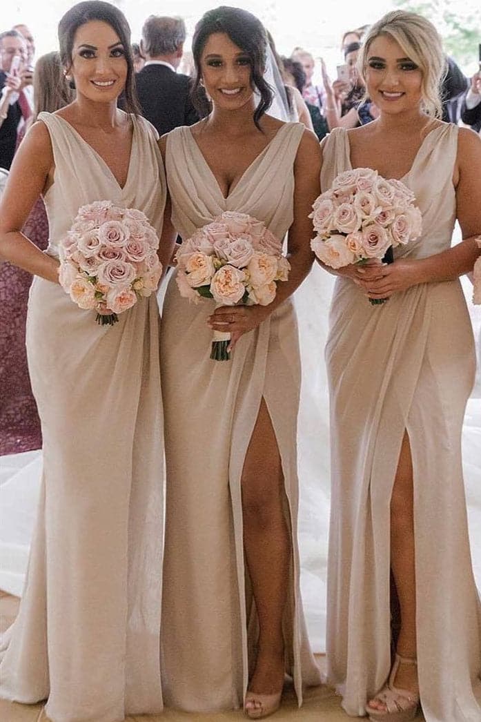 Cowl Neck Mermaid Nude Bridesmaid Dress with Slit SCB33