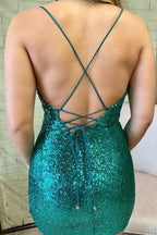 Vestido corto de fiesta con cuello redondo y lentejuelas verdes SYH33