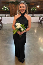 Vestido de dama de honor cruzado con escote halter color champán, largo hasta el suelo, BD098