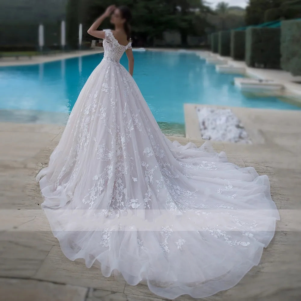 Custom Gorgeous Appliques Flowers Ball Gown Wedding Dresses Luxury Beading Boat Neck Lace Up Princess Robe De Mariée-payinti