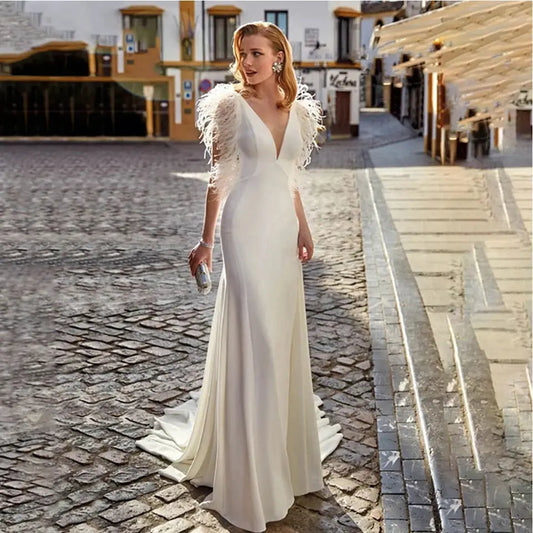 Custom Made Feather Mermaid Elegant V-neck Sleeveless Stain Wedding Dress Vestido De Novia Bridal Gown For Women-payinti