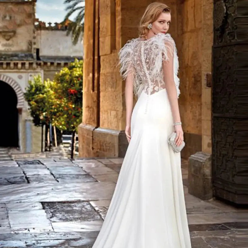 Custom Made Feather Mermaid Elegant V-neck Sleeveless Stain Wedding Dress Vestido De Novia Bridal Gown For Women-payinti