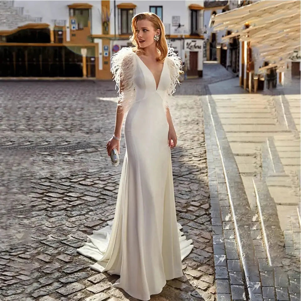 Custom Made Feather Mermaid Elegant V-neck Sleeveless Stain Wedding Dress Vestido De Novia Bridal Gown For Women-payinti