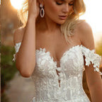 Custom Made Lace Boho Wedding Dresses A Line Off Shoulder Chiffon Beach Sweetheart Bride Dresses Sexy Side Split Wedding Gowns-payinti