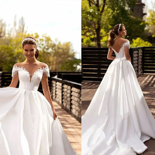 Custom Made Princess Wedding Dress A Line Beaded Lace Appliques Bride Dresses Illusion Back Party Dress Long Train Wedding Gowns-payinti