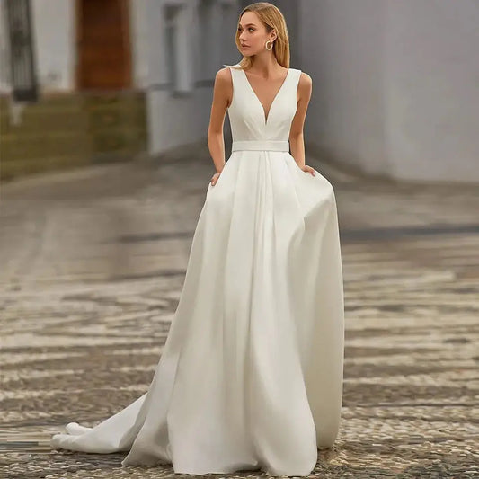 Custom Made Satin Wedding Dresses for Women Beach Boho Bride Gowns Simple Plus Size V-neck Princess Party Dress Pockates-payinti