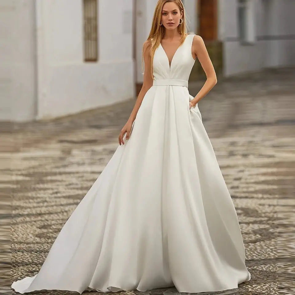 Custom Made Satin Wedding Dresses for Women Beach Boho Bride Gowns Simple Plus Size V-neck Princess Party Dress Pockates-payinti