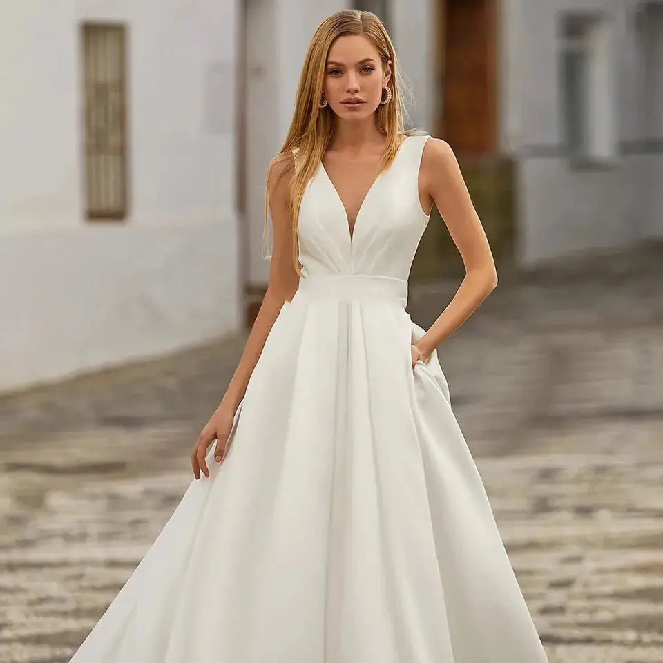 Custom Made Satin Wedding Dresses for Women Beach Boho Bride Gowns Simple Plus Size V-neck Princess Party Dress Pockates-payinti