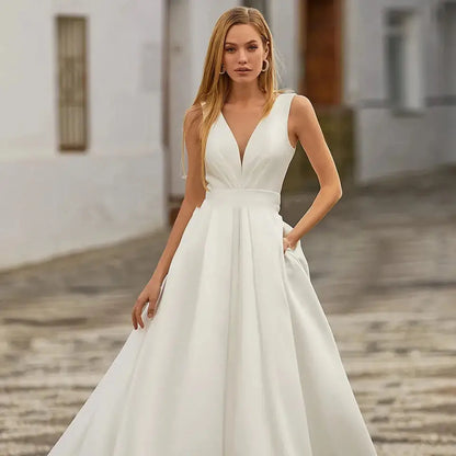 Custom Made Satin Wedding Dresses for Women Beach Boho Bride Gowns Simple Plus Size V-neck Princess Party Dress Pockates-payinti