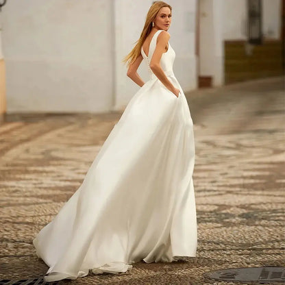 Custom Made Satin Wedding Dresses for Women Beach Boho Bride Gowns Simple Plus Size V-neck Princess Party Dress Pockates-payinti