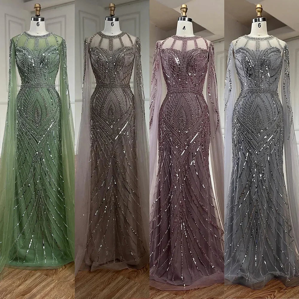2025 Arabic Gray Mermaid Evening Dress With Beaded Elegant Cape Sleeves Gown For Formal Occasion LA72611