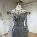 2025 Arabic Gray Mermaid Evening Dress With Beaded Elegant Cape Sleeves Gown For Formal Occasion LA72611