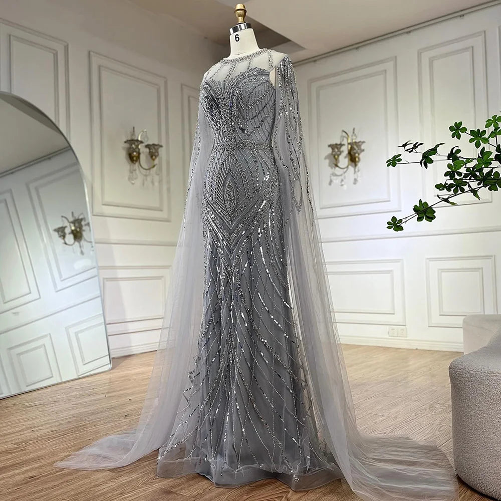 2025 Arabic Gray Mermaid Evening Dress With Beaded Elegant Cape Sleeves Gown For Formal Occasion LA72611