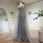 2025 Arabic Gray Mermaid Evening Dress With Beaded Elegant Cape Sleeves Gown For Formal Occasion LA72611