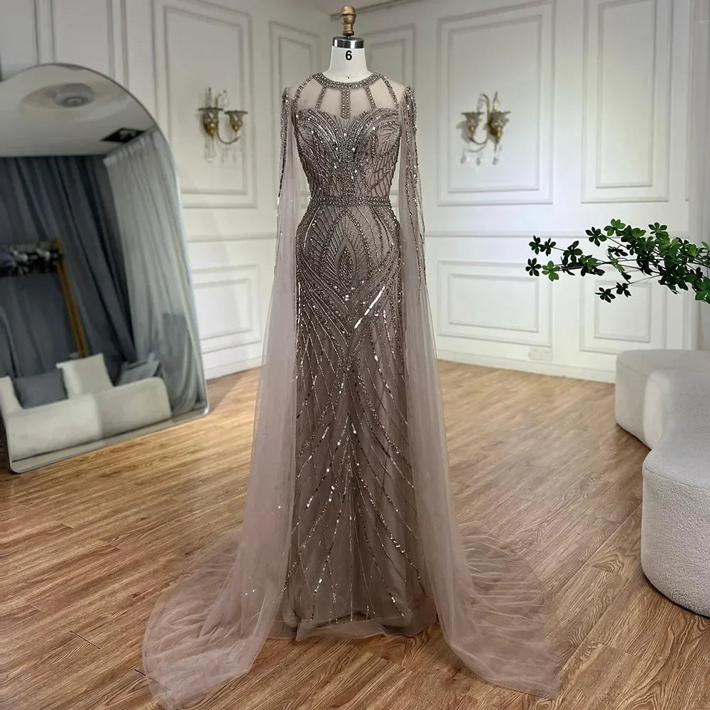 2025 Arabic Gray Mermaid Evening Dress With Beaded Elegant Cape Sleeves Gown For Formal Occasion LA72611