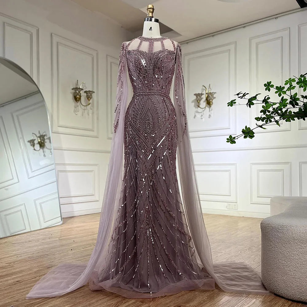 2025 Arabic Gray Mermaid Evening Dress With Beaded Elegant Cape Sleeves Gown For Formal Occasion LA72611