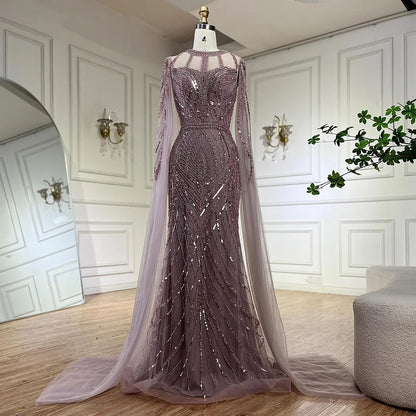 2025 Arabic Gray Mermaid Evening Dress With Beaded Elegant Cape Sleeves Gown For Formal Occasion LA72611