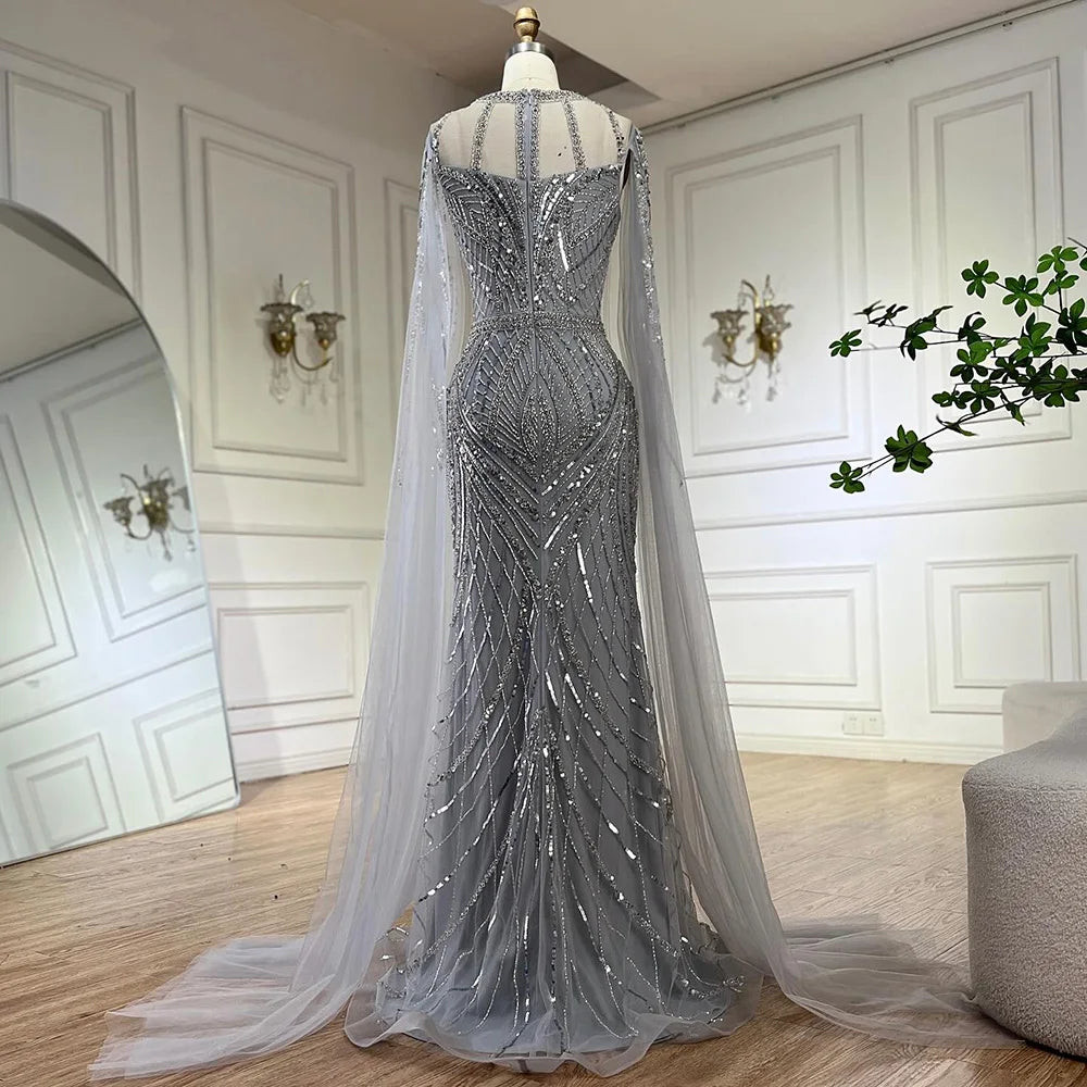 2025 Arabic Gray Mermaid Evening Dress With Beaded Elegant Cape Sleeves Gown For Formal Occasion LA72611